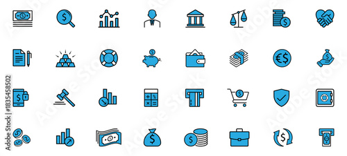 Clean finance icon set featuring banking, payment, money, savings, credit, wallet, chart, loan and security symbols designed for financial apps, fintech dashboards and business interfaces.