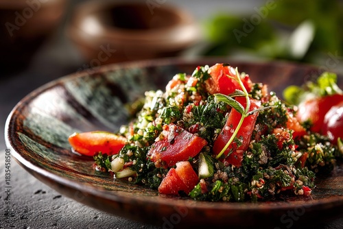 exquisite tabbouleh on a ceramic tile while standing against polished metal background