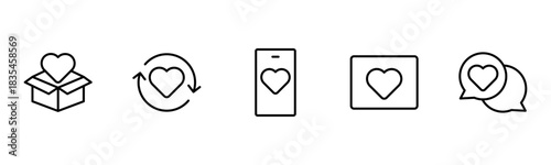 Heart, love, care, help, charity, and donation outline icons are set isolated on a white background in a flat vector illustration.