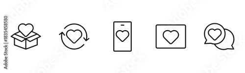 Heart, love, care, help, charity, and donation outline icons are set isolated on a white background in a flat vector illustration.