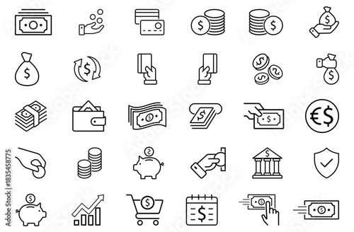 Clean finance line icon set featuring money, wallet, banking, coins, savings, payment, credit card, cash flow, currency and budget elements. Ideal for fintech, banking apps and business projects.