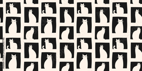 Vector seamless pattern with cute cats. Simple black and white background with different cat silhouettes sitting in windows. Cutout style texture. Repeating monochrome design for package, print, decor