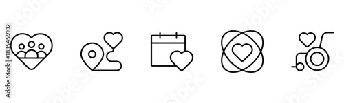 Heart, love, care, help, charity, and donation outline icons are set isolated on a white background in a flat vector illustration.