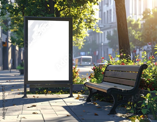 Blank billboard on a city sidewalk, park bench nearby