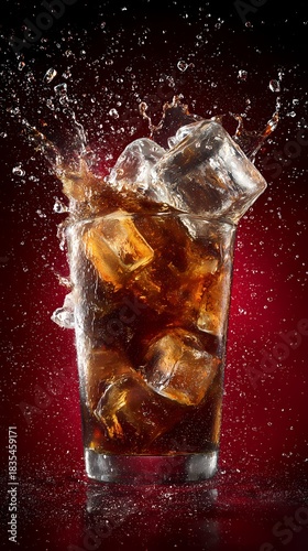 Dynamic Cola Splash with Ice Cubes and Red Background