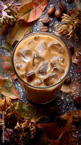Iced Coffee with Caramel on Rustic Surface