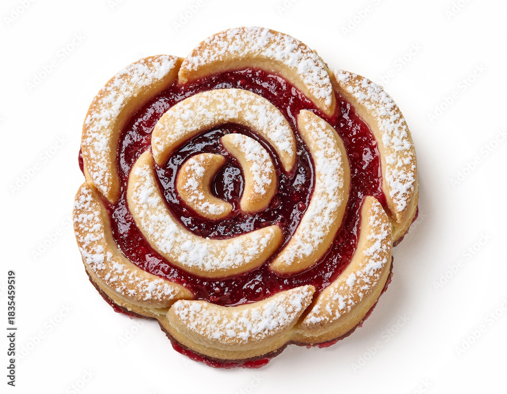 Fototapeta premium Rose-Shaped Raspberry Shortbread Cookie with Powdered Sugar on Top Isolated on White Background