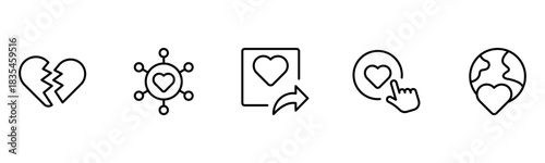 Heart, love, care, help, charity, and donation outline icons are set isolated on a white background in a flat vector illustration.