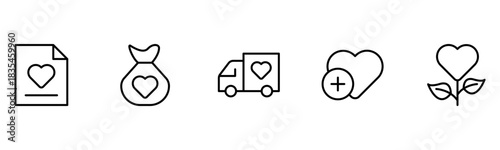 Heart, love, care, help, charity, and donation outline icons are set isolated on a white background in a flat vector illustration.