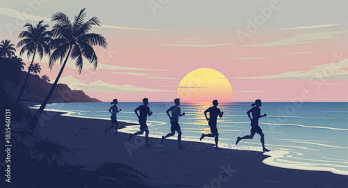 Runners training along the beach at sunset. Dynamic seaside jog under glowing evening sky. Athletes running on a scenic coastal twilight. Fitness silhouettes racing by the ocean shore