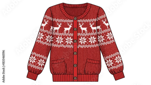Cozy red knitted button up cardigan sweater featuring a classic nordic fair isle pattern with white reindeer and snowflake motifs perfect for winter holidays