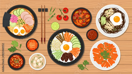 A colorful flat-lay illustration showcases a delicious Korean spread with ramen, bibimbap, and jajangmyeon, accompanied by spicy kimchi, tofu soup, and fresh ingredients on a textured wooden table