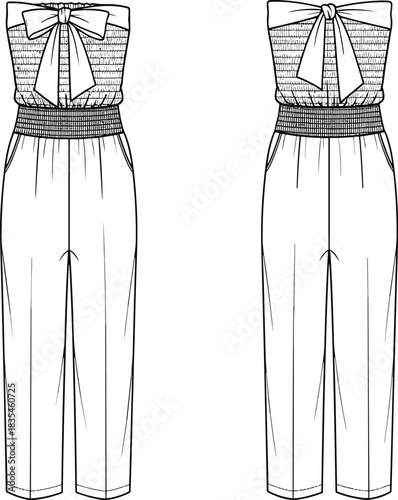 Women's Strapless Jumpsuit CAD Vector Technical Flat Drawing with Smocked Bodice, Tie Bow Detail, and Tapered Cropped Pants, Front and Back.