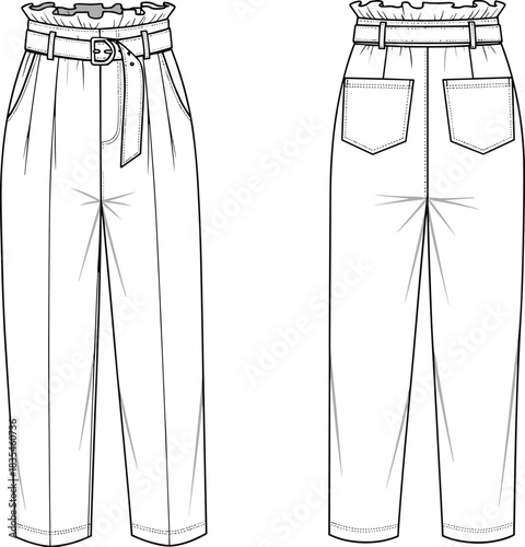Women's Paperbag Trousers CAD Vector Technical Fashion Flat Drawing with High Ruched Waist, Belt Detail, and Tapered Cropped Legs, Front and Back.
