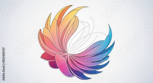 Colorful gradient petal-like forms swirl dynamically around a central abstract point