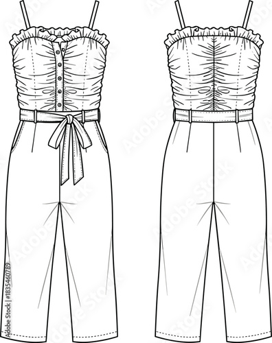 Women's Strapless Ruched Jumpsuit CAD Vector Technical Fashion Flat Drawing with Belt and Cropped Wide-Leg Pants, Front and Back View Template.