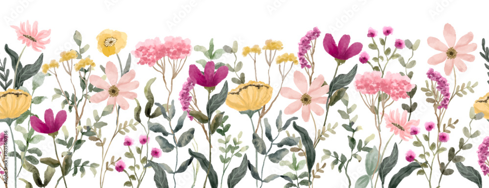 Fototapeta premium pink yellow wildflower watercolor seamless border