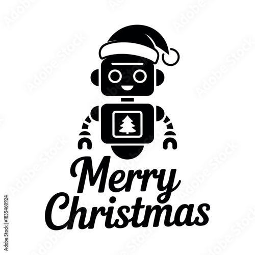 A cheerful robot wearing a Santa hat wishes everyone a Merry Christmas.