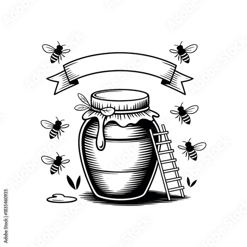 A stylized illustration of a honey pot surrounded by bees and a banner