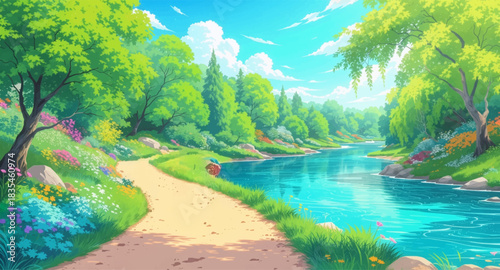 Forest riverside trail beside clear blue water. Scenic woodland path overlooking bright river. Tranquil nature walkway along shimmering stream. Peaceful forest river landscape in vivid light