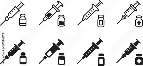 syringe, needle, medical vial, medicine bottle, healthcare, injection, vaccination, drug, treatment, science, icon, symbol, set, collection, outline, filled, black and white, hospital, clinic, health,