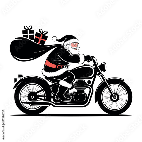 Santa Claus rides a motorcycle with a sack of gifts and presents.