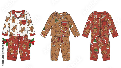 Three sets of christmas pajamas featuring gingerbread man and candy cane patterns in white brown and red colorways presented as flat lays with decorative bows on one pair