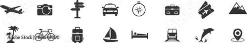 airplane, camera, signpost, taxi, compass, suitcase, map, mountains, palm trees, bicycle, luggage, sailboat, bed, train, dolphin, location pin, travel, vacation, journey, transport, navigation, leisur