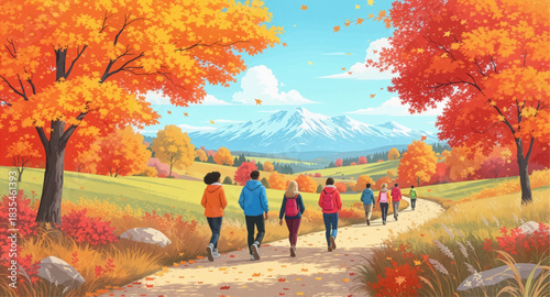 Hikers exploring a bright autumn valley toward snowy peaks. Scenic fall walk with group facing majestic mountains. Autumn landscape hike leading to crisp alpine ranges