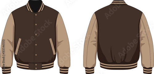 Varsity jacket front and back view with striped ribbed trim, button closure, slanted pockets, fashion sketch vector design template.