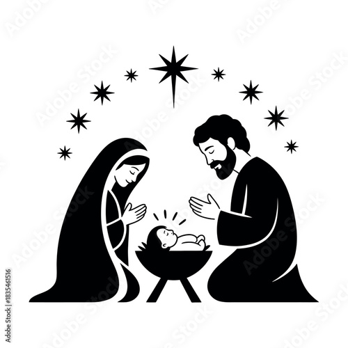 The Nativity scene depicts the holy family with baby Jesus in a manger under a star-filled sky.