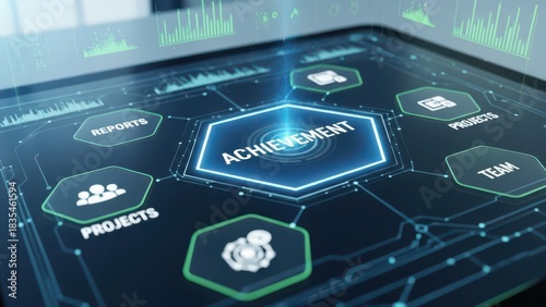 Digital display showing achievement reports projects team connection concept