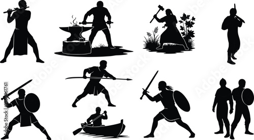 Medieval silhouettes of warriors, workers, musicians, combat poses, historical scenes, fantasy characters, black figures, expressive actions, flat vector illustration