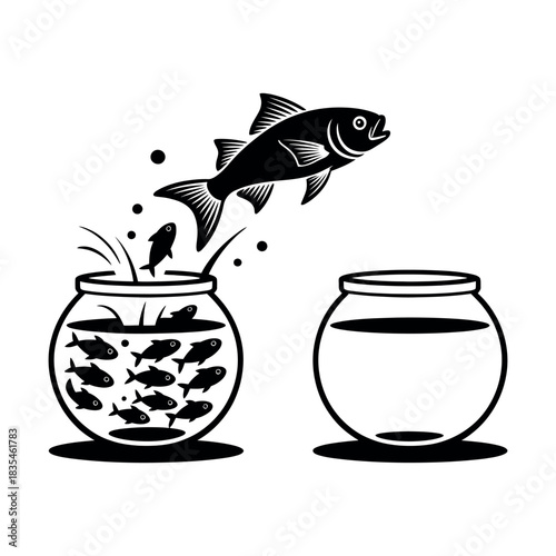 One fish jumps out of a crowded fishbowl into an empty one.