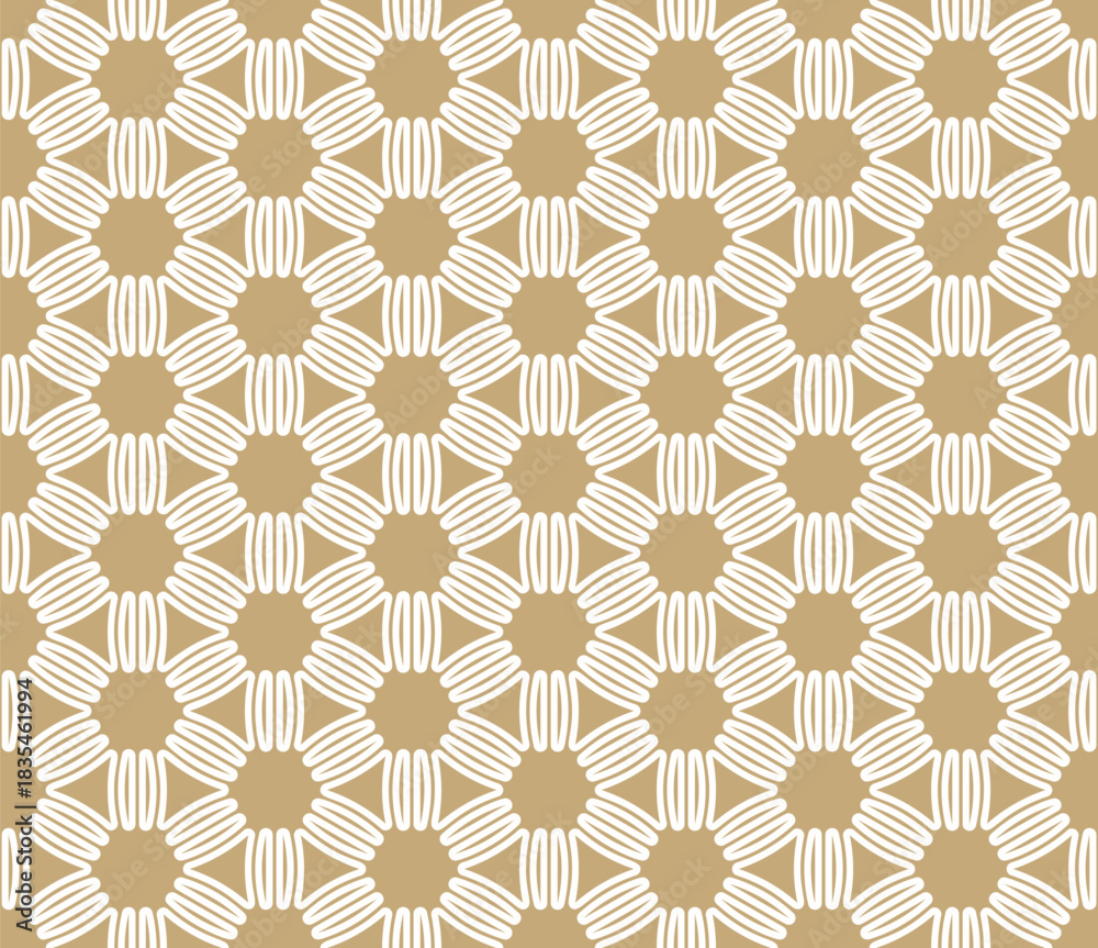 Fototapeta premium Gold and white vector seamless pattern. Abstract floral geometric texture. Elegant ornamental background with flower shapes, lines, triangles, grid, lattice. Golden repeating decorative design