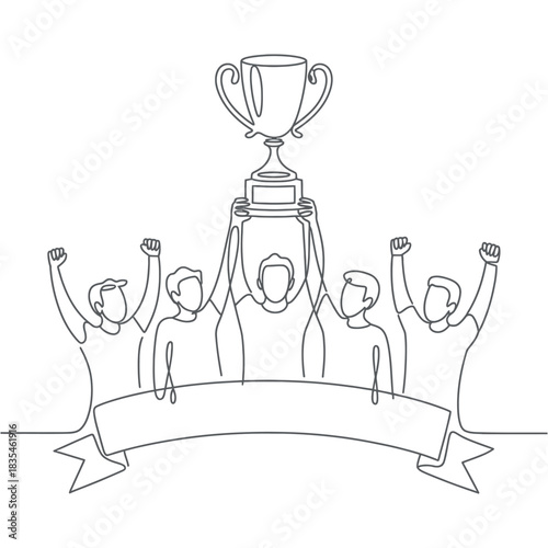 A team celebrates their victory by holding up a trophy with a banner below for personalization.