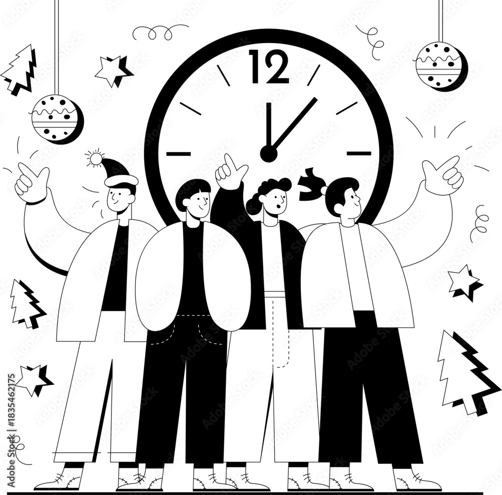 Fototapeta premium Group of friends pointing at clock countdown to midnight during celebration New Year