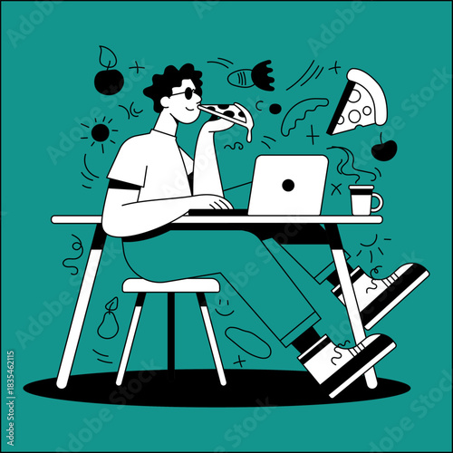 Character works on laptop and enjoys pizza in a green setting with lively elements