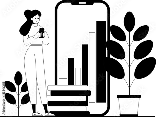 Woman holding smartphone with graphs showing dividend growth next to plants