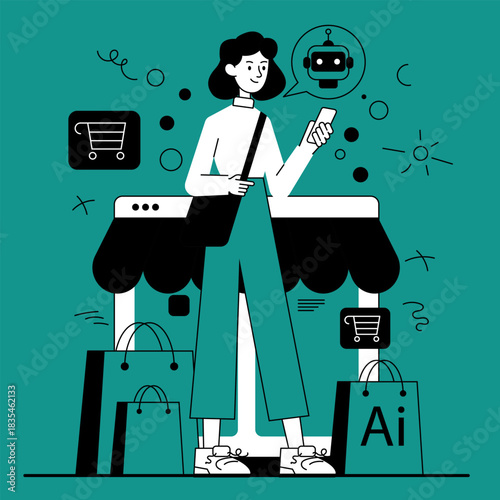 Shopper girl uses AI assistant on smartphone while choosing products at the store