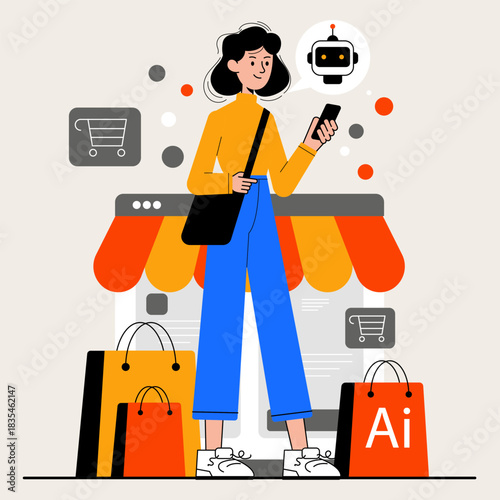 Shopper girl selects items with AI assistant on smartphone in a retail setting