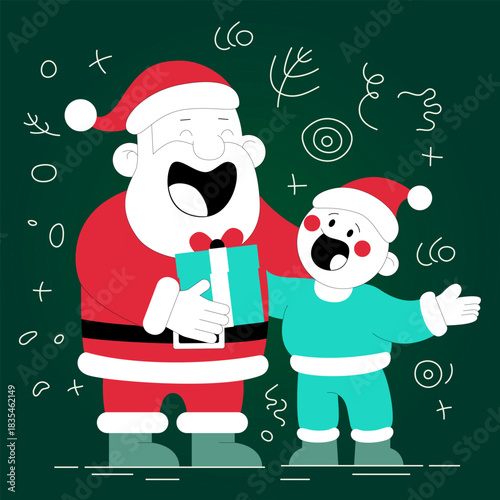Claus character giving gift to child while both share laughter in winter setting