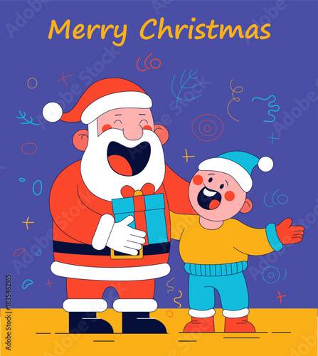 Claus character gives gift to child during festive celebration with joy and laughter