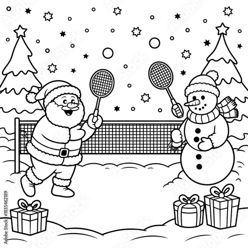 Santa Claus and a snowman play badminton together in the snow during winter.