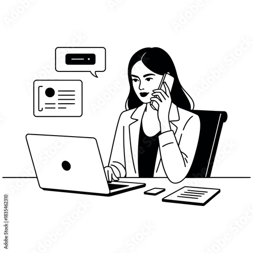 A woman is working on a laptop and talking on the phone at her desk.
