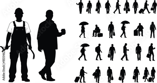 Silhouettes of people walking, sitting, traveling, working, carrying bags, umbrellas, suitcases, casual and occupational poses, flat vector illustration