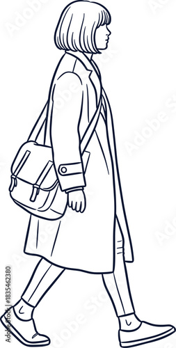 Stylish woman walking in coat, side profile fashion pose, casual outfit, shoulder bag, bob haircut, urban look, flat vector illustration