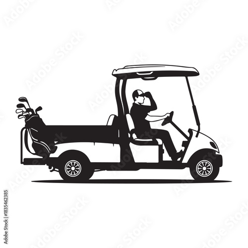 Black silhouette vector of a golf cart driver operating the vehicle alone