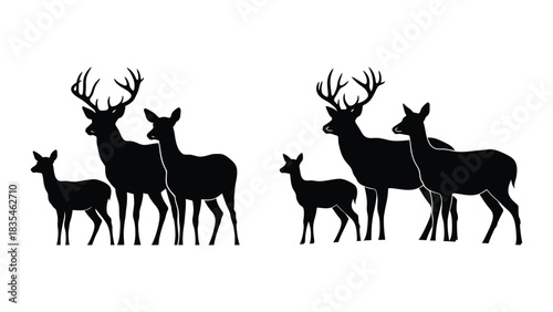 Silhouette of a deer family with antlers and fawns on a white background