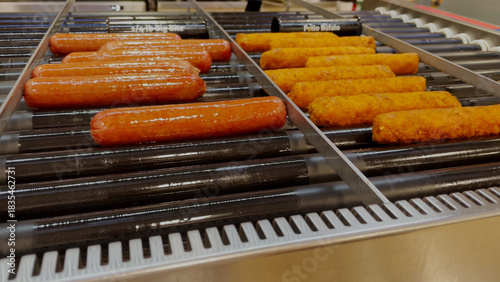 7-11 convenience store Hot dogs rotating on a grill close up